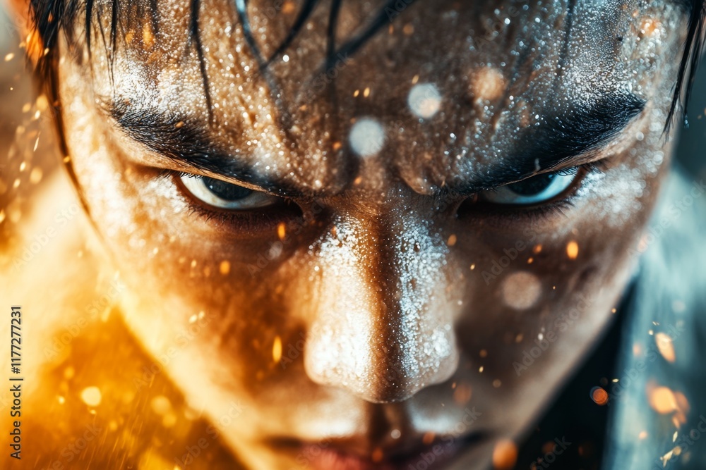 Poster a hyper-realistic close-up of a kung fu master face, showing sweat, determination, and intense focus