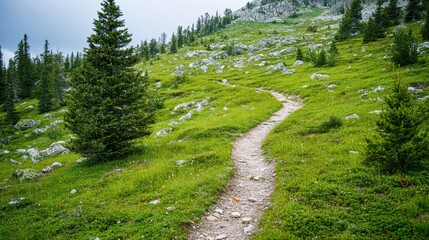 Obraz premium A winding trail cutting through a dense green forest on a mountain side