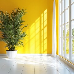 A modern yellow room corner with artistic floral wallpaper, perfect for showcasing home decor, furniture design, or product displays.