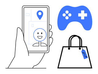 Hand holding a smartphone showing GPS pin and smiling face, next to game controller and shopping bag with tag. Ideal for navigation, online shopping, mobile gaming, digital lifestyle, convenience