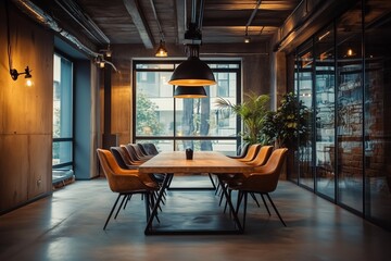 Elegant meeting room with premium leather chairs, wooden conference table, and warm lighting.
