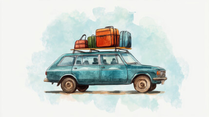 family car packed with colorful luggage on roof, ready for road trip adventure. vintage vehicle showcases cheerful and nostalgic vibe, perfect for travel enthusiasts