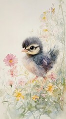 Fototapeta premium A fluffy chick amidst delicate watercolor flowers