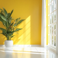 A modern yellow room corner with artistic floral wallpaper, perfect for showcasing home decor, furniture design, or product displays.