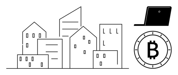 Urban skyline with varied buildings beside laptop and Bitcoin symbol. Ideal for blockchain in real estate, urban technology integration, digital finance, smart cities, futuristic investments, modern