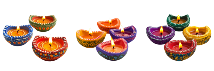 Set of A simple and elegant display of three small diyas with glowing candles, placed against a pristine on transparent png background