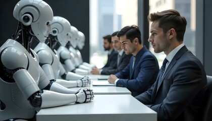 Human robot interaction in business settings, featuring Artificial General Intelligence humanoids in job interviews