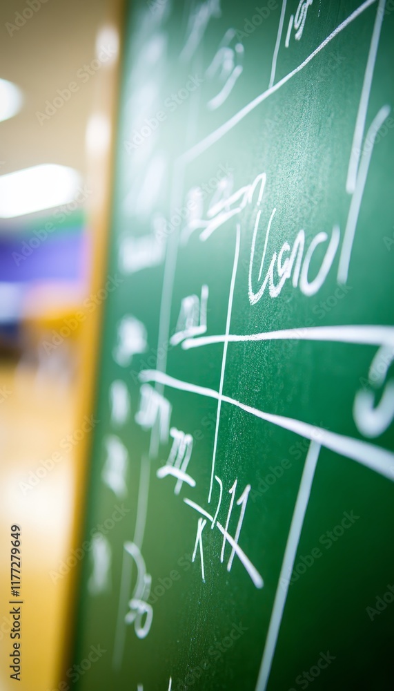 Poster close up, abstract view of green chalkboard with unsolved math equations and formulas