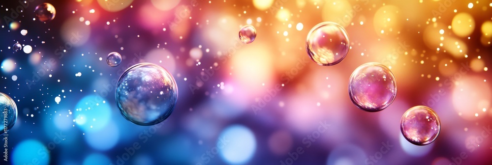 Poster colorful bokeh background with floating bubbles, abstract design with a dreamlike quality