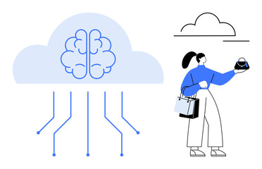 Woman holding a digital device with a brain inside a cloud, showing connectivity lines. Ideal for technology, cloud computing, artificial intelligence, data storage, digital communication