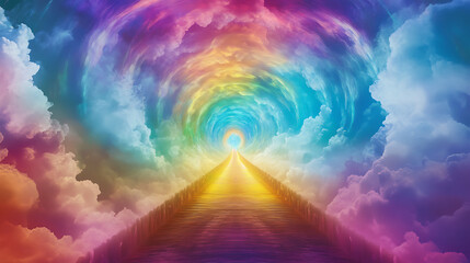 Fototapeta premium A rainbow bridge stretching into a kaleidoscope-like sky, leading to unknown realms