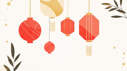Naklejka premium Retro Lunar New Year illustration clean lines with red gold lantern patterns