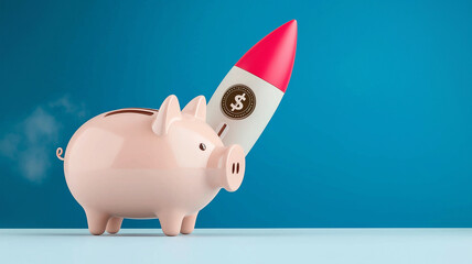 pink piggy bank stands beside rocket, symbolizing savings and investment growth. vibrant colors create engaging visual for financial themes