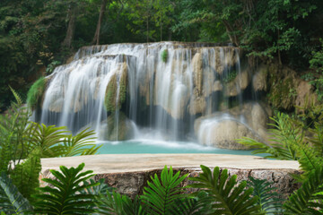 Obraz premium Wood table top podium with outdoor waterfall fresh green tropical forest nature background landscape.Natural drinking water or mineral product present placement pedestal wooden stand display.