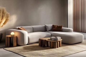 Stylish modern sofa in a minimalist living room with chic wooden side tables and a soft rug. 3D illustration.