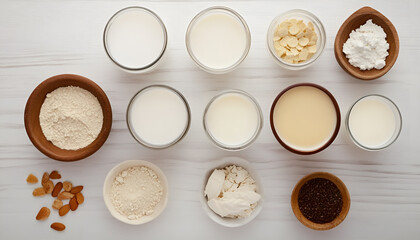 Various vegan plant based milk and ingredients, top view, copy space. Dairy free milk substitute drink, healthy eating