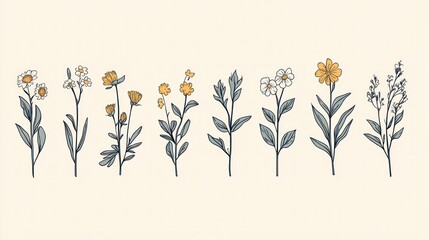 Collection of hand-drawn wildflowers with white and yellow flowers and gray-green leaves on a beige background.