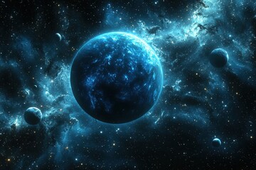 Obraz premium Blue planet with orbiting moons in deep space nebula, suitable for sci-fi projects