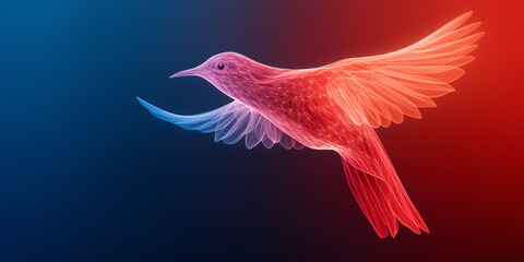 Obraz premium shimmering bird formed by digital light, gracefully soaring through vibrant gradient background. ethereal design captures essence of freedom and beauty