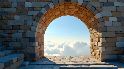 A scenic view through an ancient stone archway set in a historic brick wall, revealing a dramatic cloudy sky. Perfect for concepts of travel, architecture, and heritage