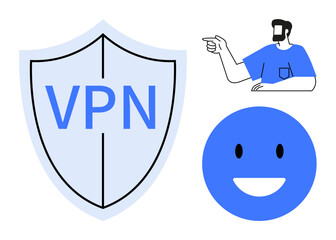 Fototapeta premium VPN shield, smiling face, man gesturing. Ideal for cybersecurity, online protection, anonymity, internet safety, data encryption secure browsing and privacy. Abstract line flat metaphor