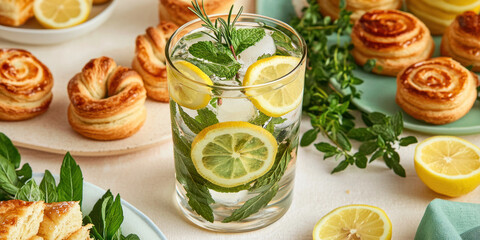 Herbal Drink and Infusion for Hydration Concept. Refreshing drink with lemon and mint, surrounded by pastries and herbs
