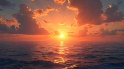 Fototapeta premium hermoso atardecer ardiente sobre el mar con el sol desapareciendo. en el agua y nubes en el cielo