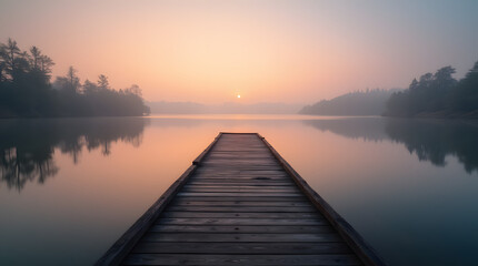 Fototapeta premium Solitary wooden dock stretching over serene lake at sunrise