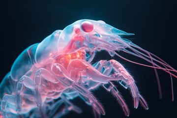 A macro photograph of a krill intricate body structure, highlighting its segmented body and delicate appendages