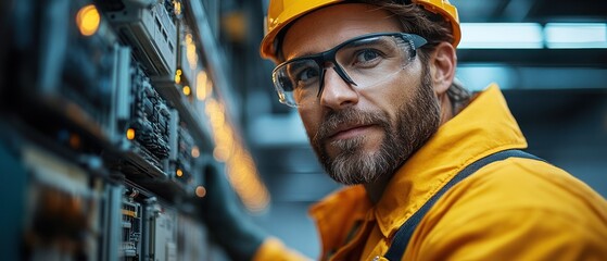 A focused worker in safety gear operates machinery in an industrial setting.
