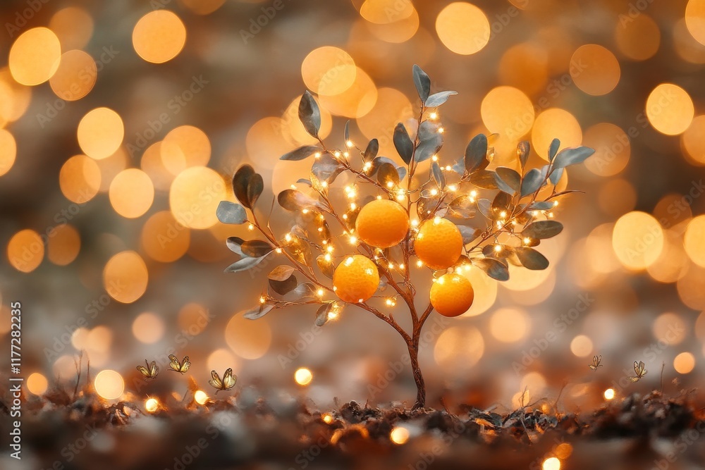 Poster a magical kumquat tree glowing with golden light, surrounded by tiny, fluttering creatures in a whim