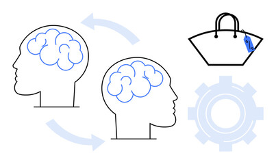 Two human profiles with interconnected brains, blue arrows indicating knowledge transfer, shopping bag with tag, and gear. Ideal for education, technology, neural networking, e-commerce, team