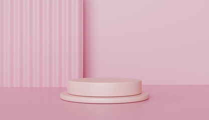 Elegant Pink Cylindrical Display Stand with Ribbed Background for Product Presentation