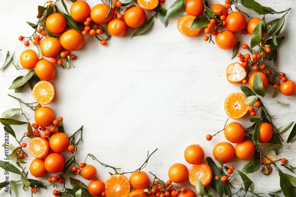 Poster a minimalist depiction of kumquats arranged in a perfect circle, with soft shadows on a clean white 