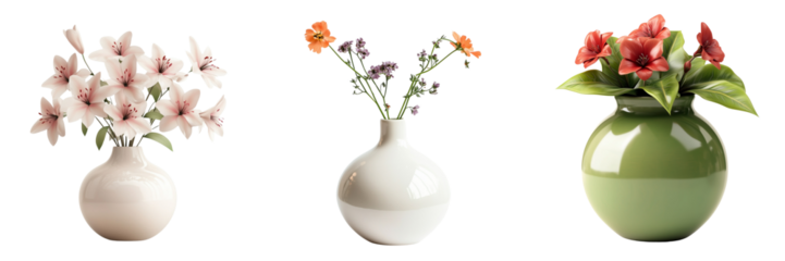 Set of A stunningly realistic Zbrush-style digital sculpture of soft pink flowers in a minimalist vase on transparent png background