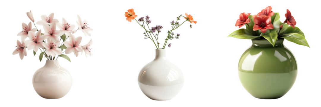 Set of A stunningly realistic Zbrush-style digital sculpture of soft pink flowers in a minimalist vase on transparent png background - Powered by Adobe