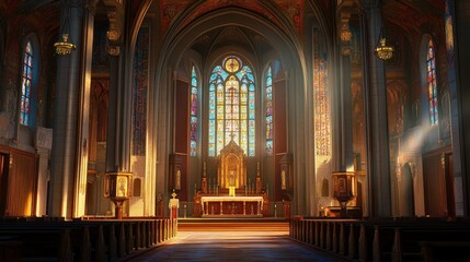 An ornate Roman Catholic church interior features a radiant high altar, vibrant stained glass, and serene pews.