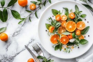 A modern flat lay of sliced kumquats on a clean white plate, styled with minimalist tableware