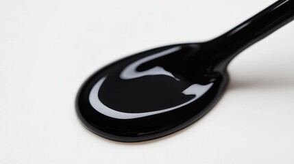 Close-up of black viscous liquid on a spoon.