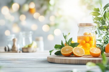 Obraz premium A modern kitchen with kumquat preserves simmering on the stove, surrounded by fresh fruit and cooking tools