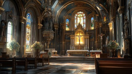 Fototapeta premium An ornate Roman Catholic church interior features a radiant high altar, vibrant stained glass, and serene pews.