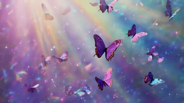A charming rainbow background with sparkling effects, featuring a purple glow and butterflies  &ndash; AI animation, 4k video	
