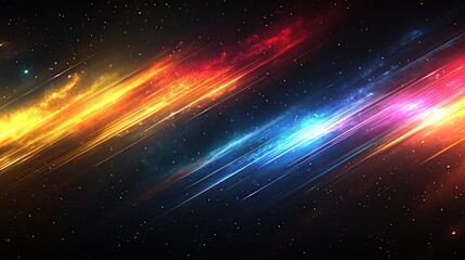 A vibrant cosmic background with colorful streaks representing energy and motion in space.