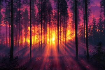 Fototapeta premium Forest fire at sunset with smoke and light rays through trees