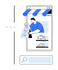 Man holding shopping bags, smartphone with storefront, product displays. Ideal for online shopping, e-commerce, digital transactions, mobile retail, convenience, consumer behavior technology trends