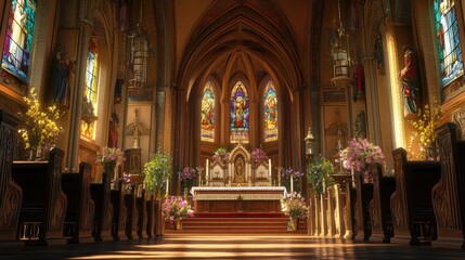Fototapeta premium An ornate Roman Catholic church interior features a radiant high altar, vibrant stained glass, and serene pews.