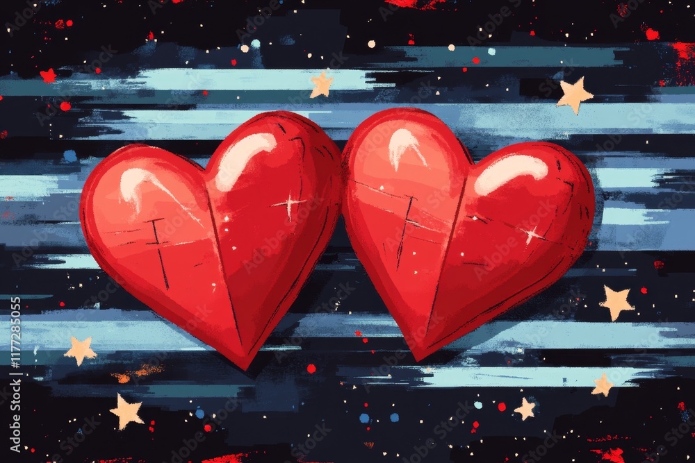 Aufkleber A pixel art scene featuring two animated hearts beating in sync, surrounded by small glowing stars on a retro 8-bit background