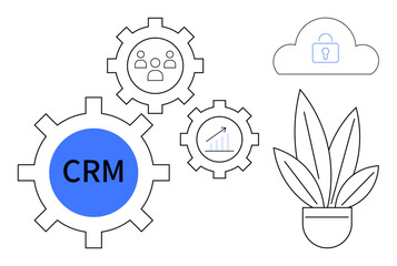 Gears labeled CRM with icons for group, graph, secured cloud, and a potted plant. Ideal for business strategy, data management, analytics, security growth team collaboration productivity. Abstract