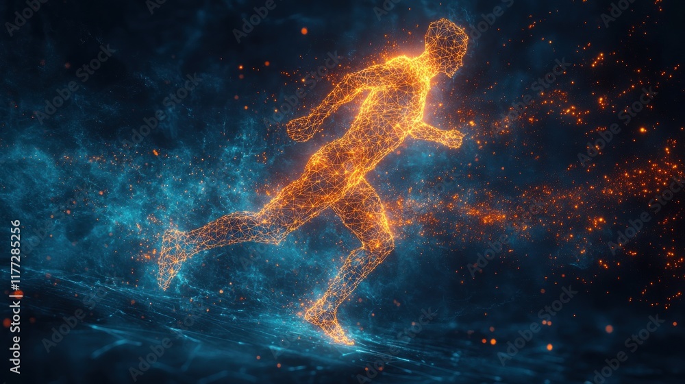 Poster a digital representation of a runner composed of glowing particles in motion.