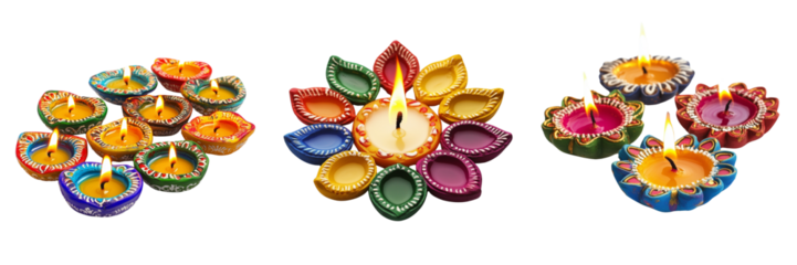 Set of A traditional diya lamp glowing softly, placed in the center of an intricate yet minimalist rangoli border on transparent png background